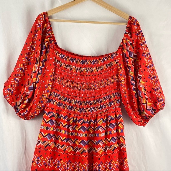 A. Calin By Flying Tomato Bohemian Smocked Tiered Bubble Puff Sleeve Dress Large - Picture 14 of 16